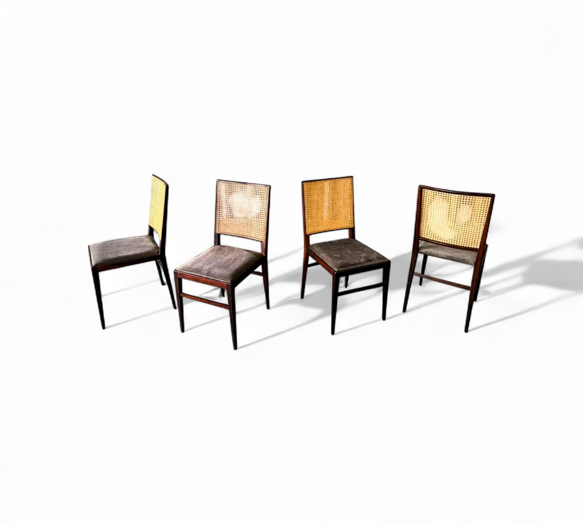 Brazilian Modern Set of 4 Chairs in Hardwood, Caning & Suede, Celina, 1960s (Wildleder) im Angebot