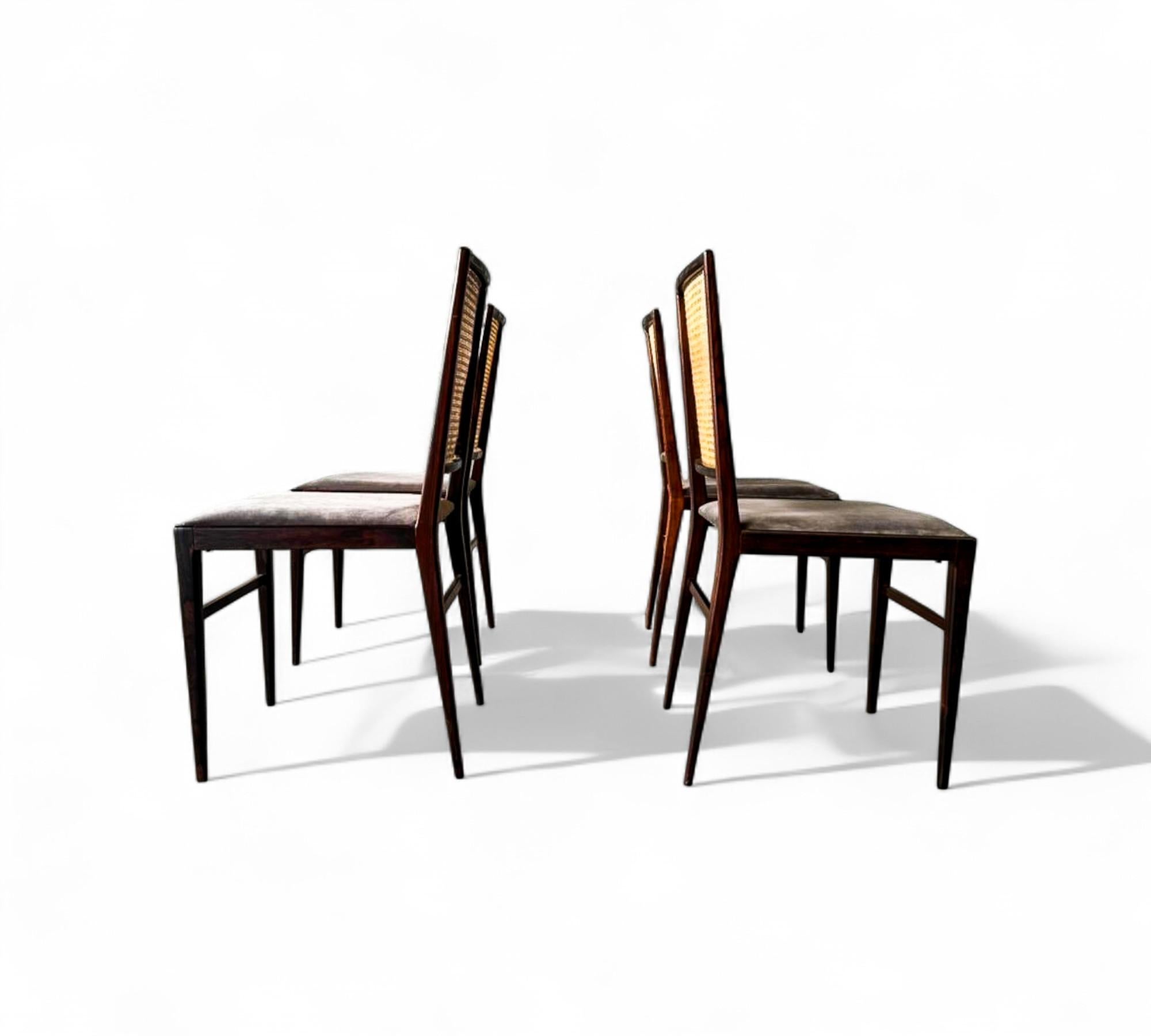 Brazilian Modern Set of 4 Chairs in Hardwood, Caning & Suede, Celina, 1960s im Angebot 1