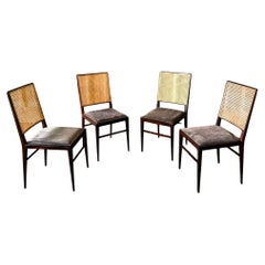 Brazilian Modern Set of 4 Chairs in Hardwood, Caning & Suede, Celina, 1960s
