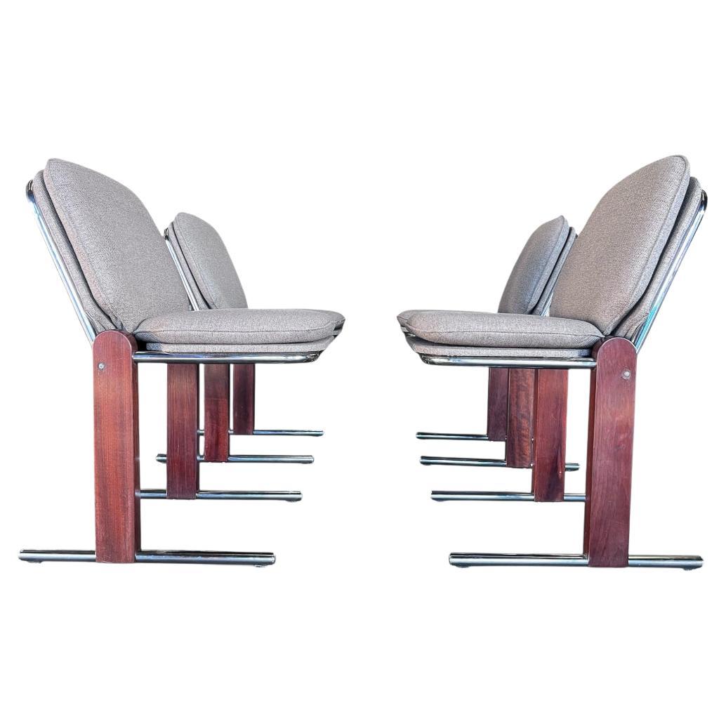 Brazilian Modern Set of 4 Chairs in Hardwood, Metal & Chenille, Percival Lafer