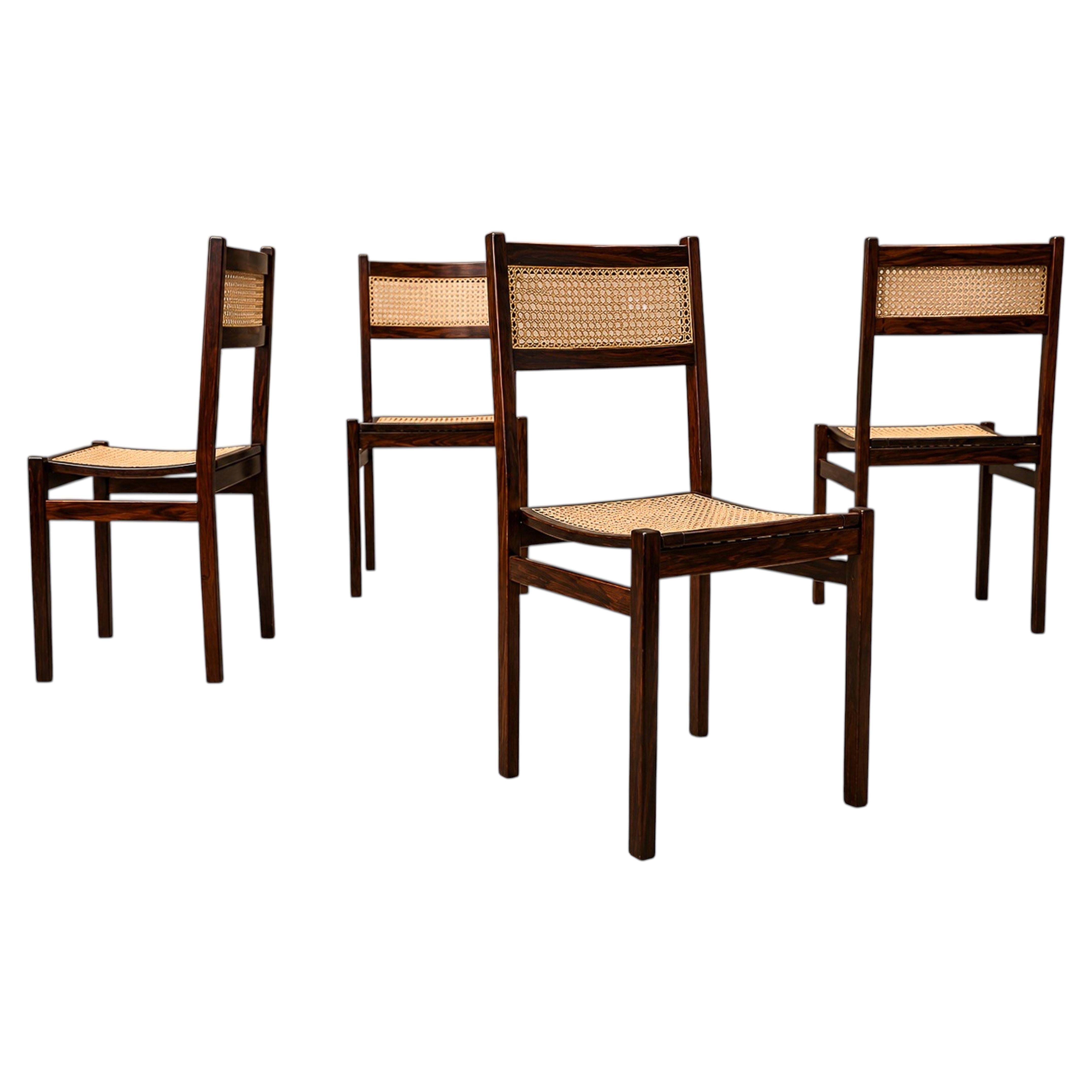 Brazilian Modern Set of 4 Dining Chairs in Rosewood & Cane, Unknown, 1960s