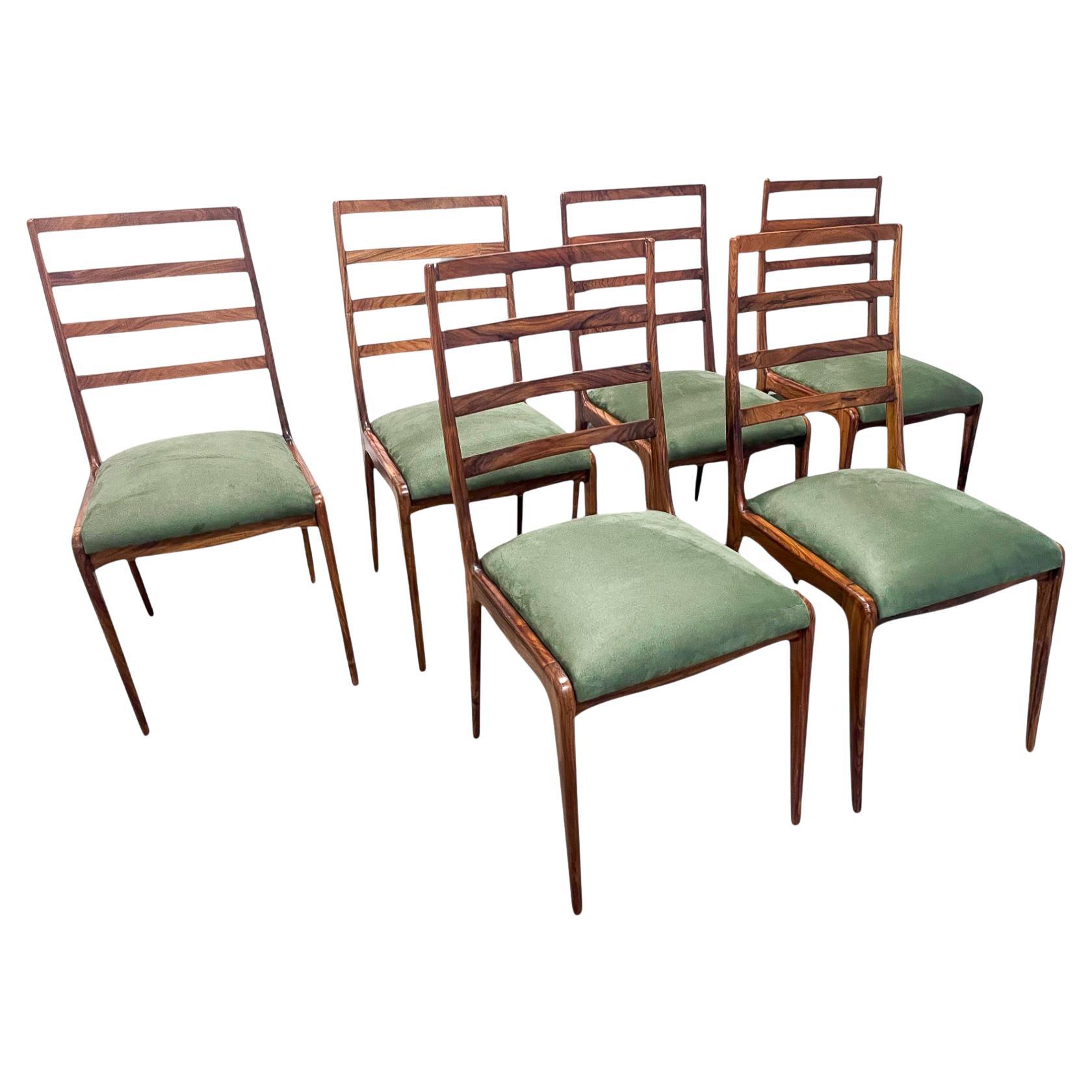 Conjunto Moderno Brasileño de 6 Sillas en Madera de Caviuna y Ante, Angelini, c. 1950 en Bueno estado para la venta en New York, NY