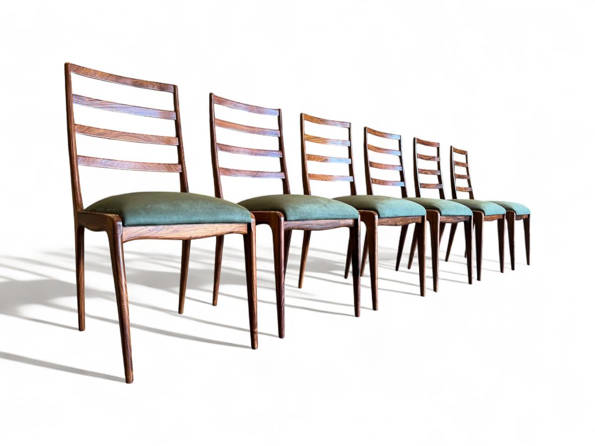 Conjunto Moderno Brasileño de 6 Sillas en Madera de Caviuna y Ante, Angelini, c. 1950 siglo XX en venta