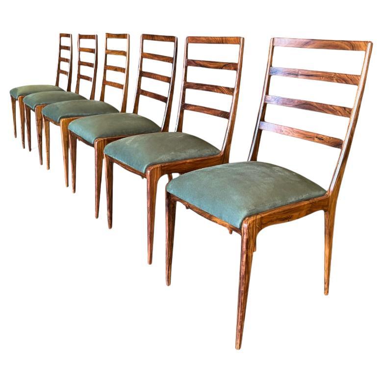 Set di 6 sedie moderne brasiliane in legno di Caviuna e pelle scamosciata, Angelini, 1950 ca.
