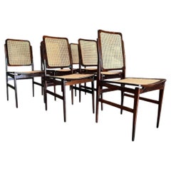 Brazilian Modern Set of 6 Chairs in Hardwood & Cane, Unknown, c. 1960s