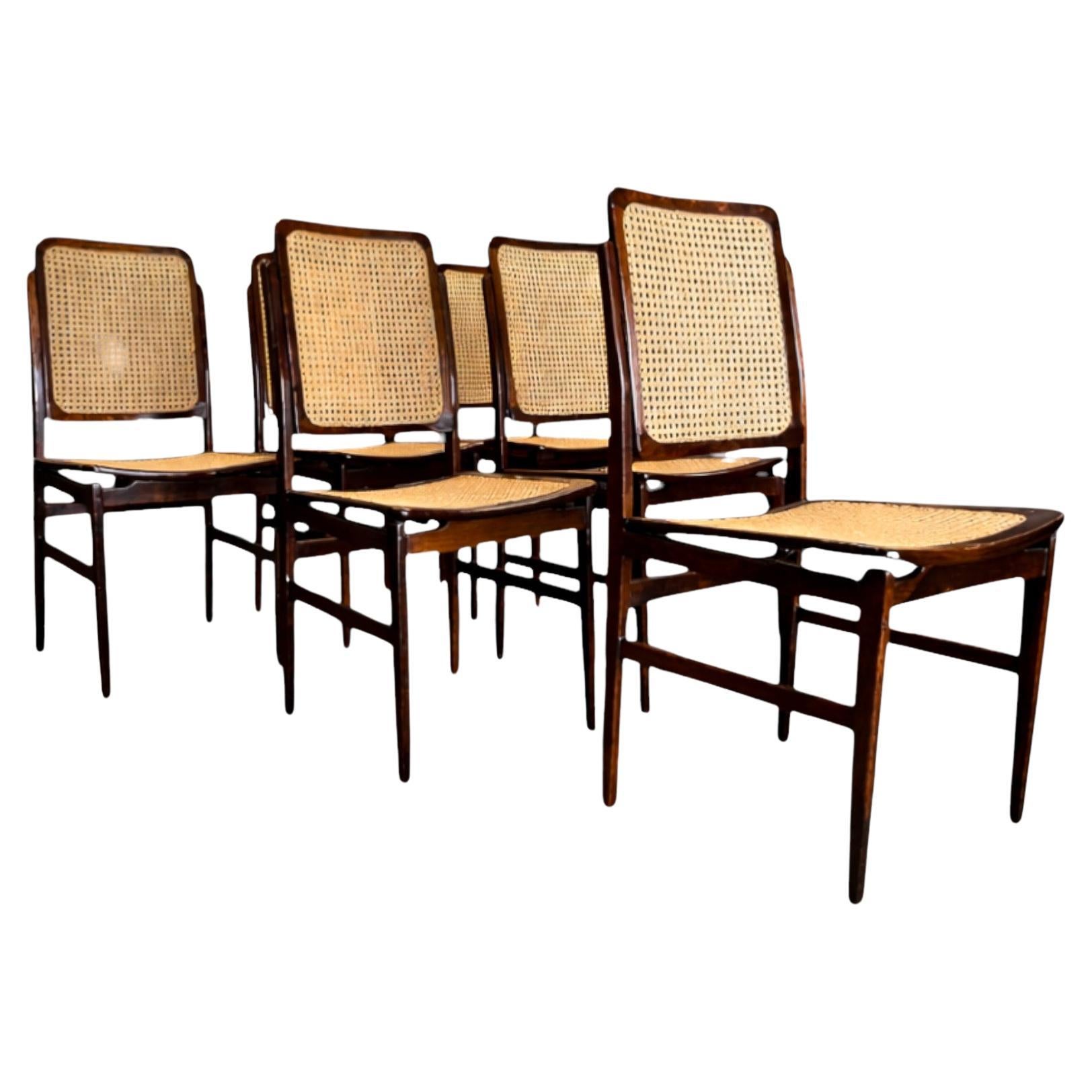 Brasilianisches Modernes Set aus 6 Stühlen aus Hartholz und Rohr, Unbekannt, ca. 1960er Jahre