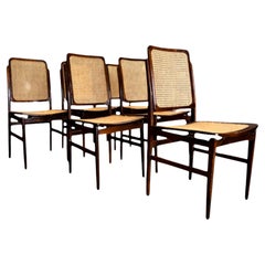 Brazilian Modern Set of 6 Chairs in Hardwood & Cane, Unknown, c. 1960s