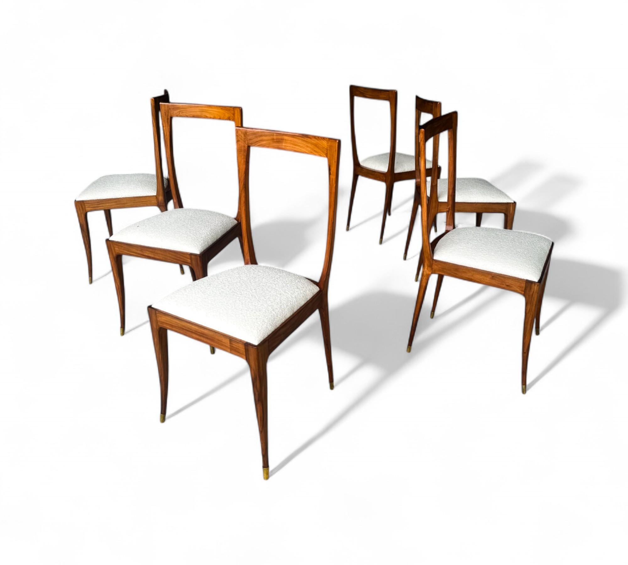 Juego de 6 sillas de comedor de madera y tela de Giuseppe Scapinelli, c. 1950 Brasileño en venta