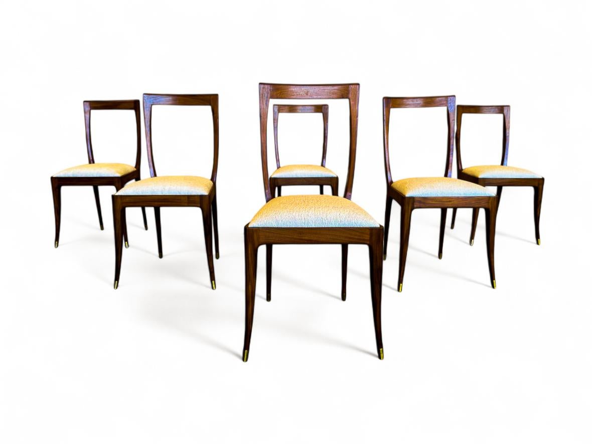 Mid-Century moderno Set di 6 sedie da pranzo in legno duro e tessuto di Giuseppe Scapinelli, 1950 ca. in vendita