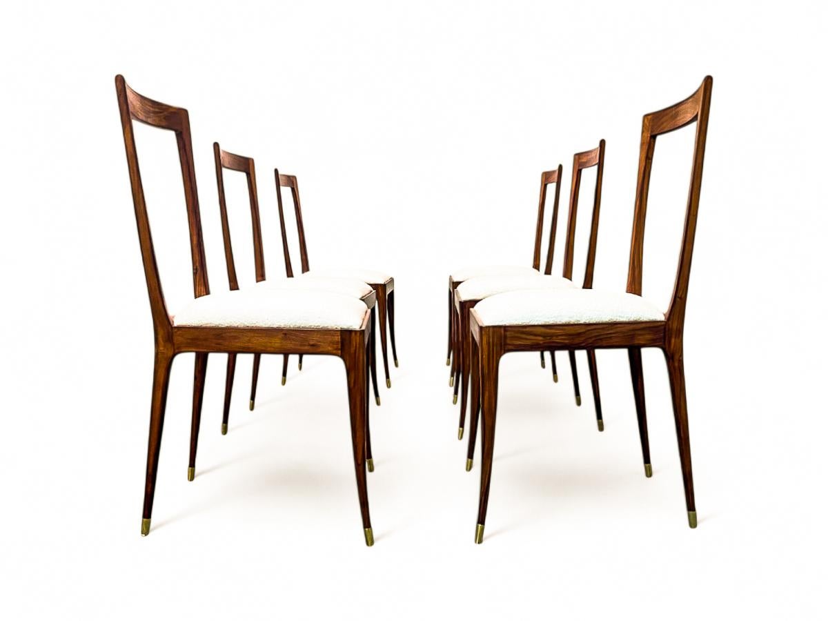 Brasiliano Set di 6 sedie da pranzo in legno duro e tessuto di Giuseppe Scapinelli, 1950 ca. in vendita