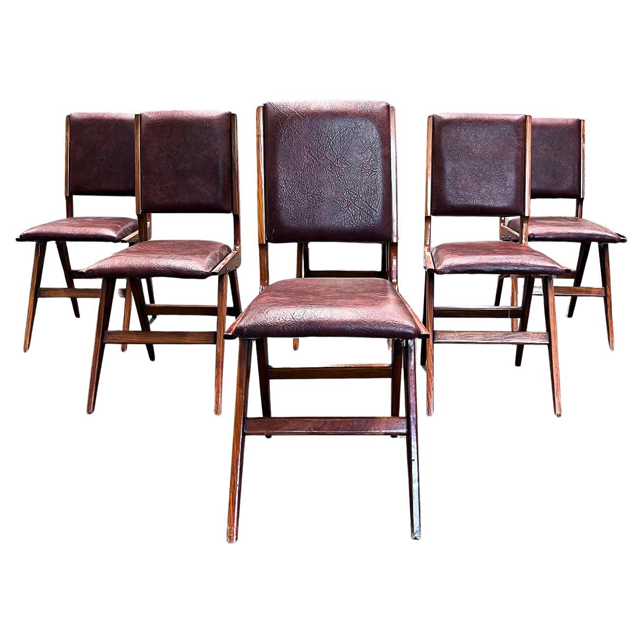 Brazilian Modern Set of 6 Chairs in Leatherette 
hardwood, Att. to Forma, 1950s