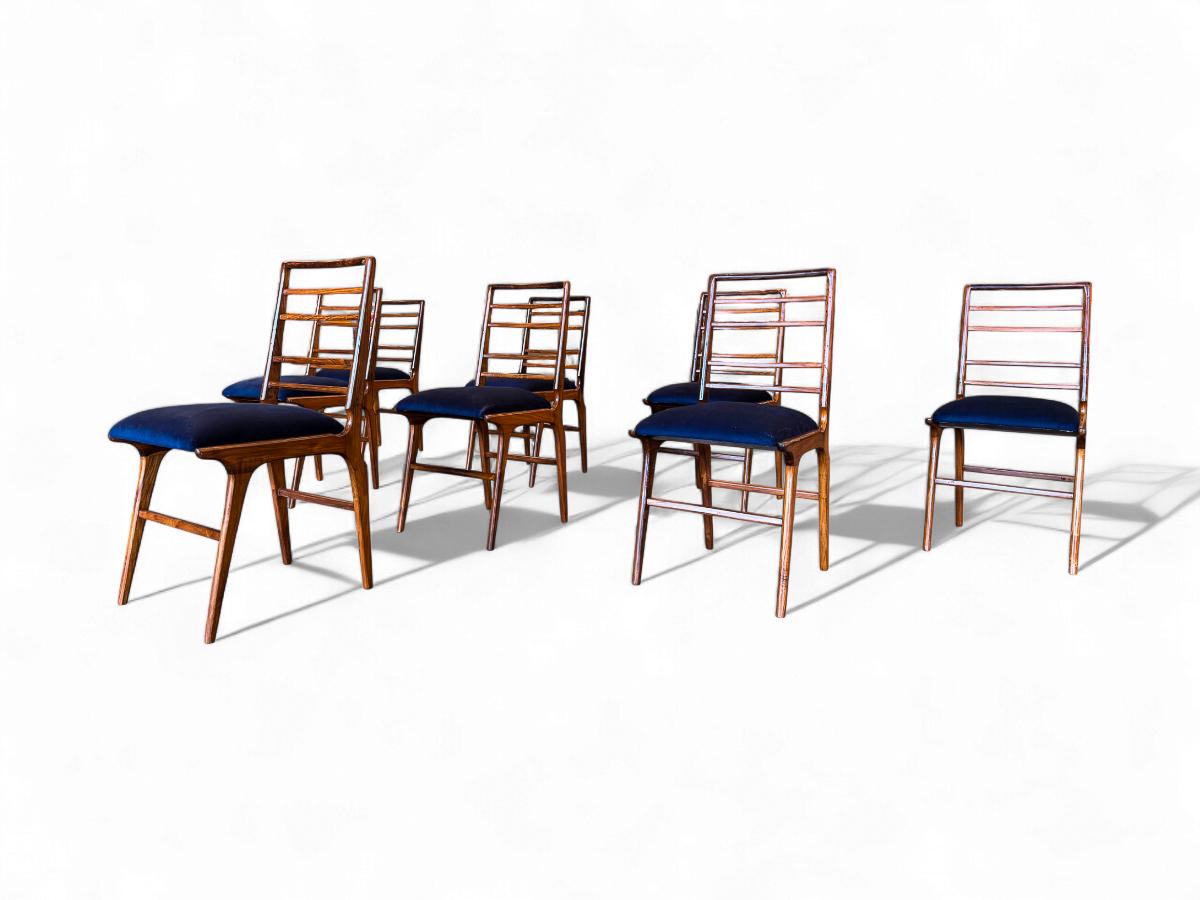 Velours Ensemble de 8 chaises modernes brésiliennes en Wood & C Fabrice, Giuseppe Scapinelli, c.1950s en vente