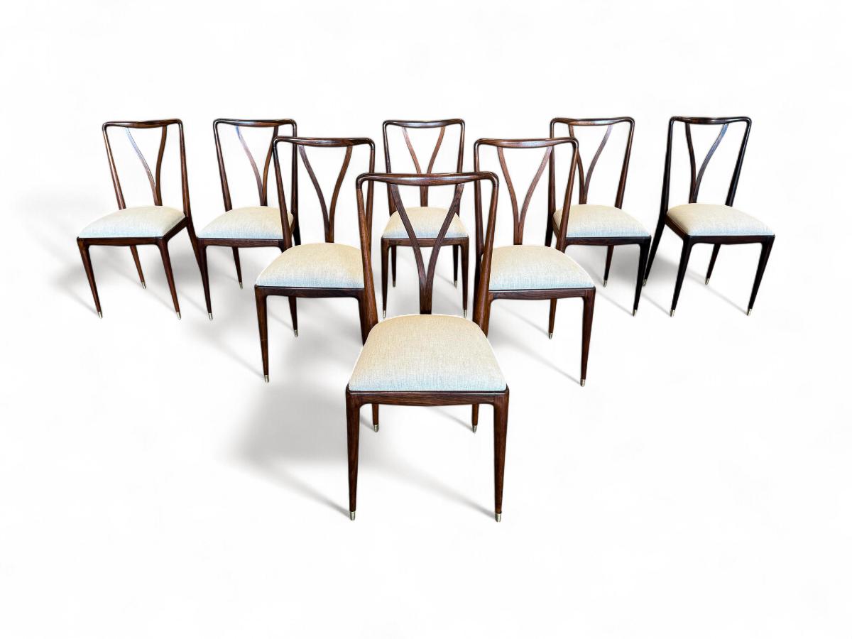 Fatto a mano Set di 8 sedie da pranzo in legno e lino di Giuseppe Scapinelli, 1950 ca. in vendita