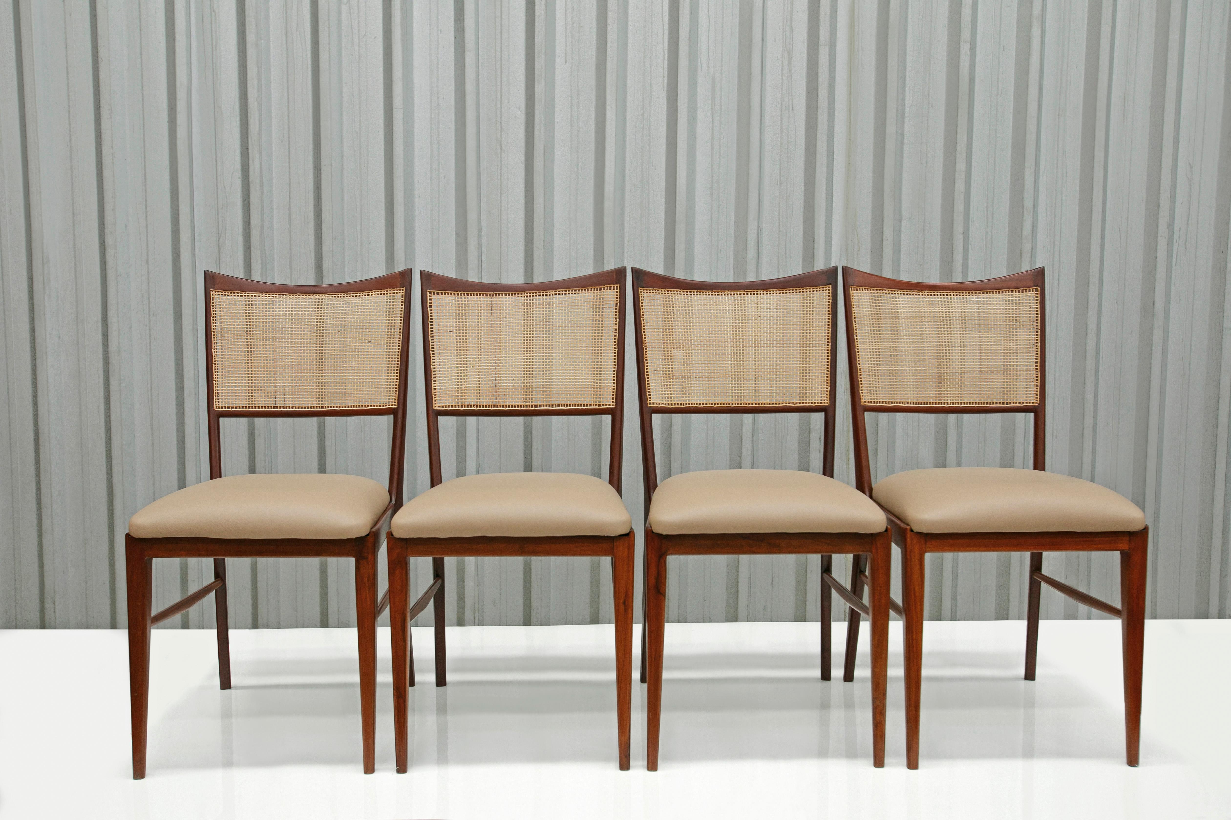 Mid-Century Modern Brazilian Modern Set of Four Chairs in Hardwood & Beige Leather, Unknown, 1960s For Sale