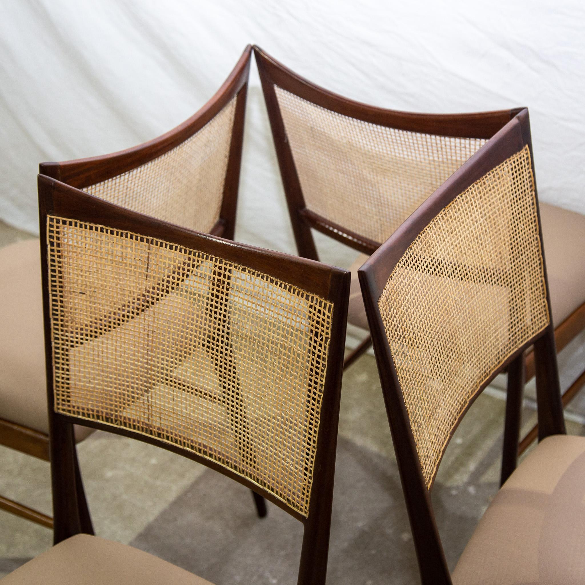 Hand-Crafted Brazilian Modern Set of Four Chairs in Hardwood & Beige Leather, Unknown, 1960s