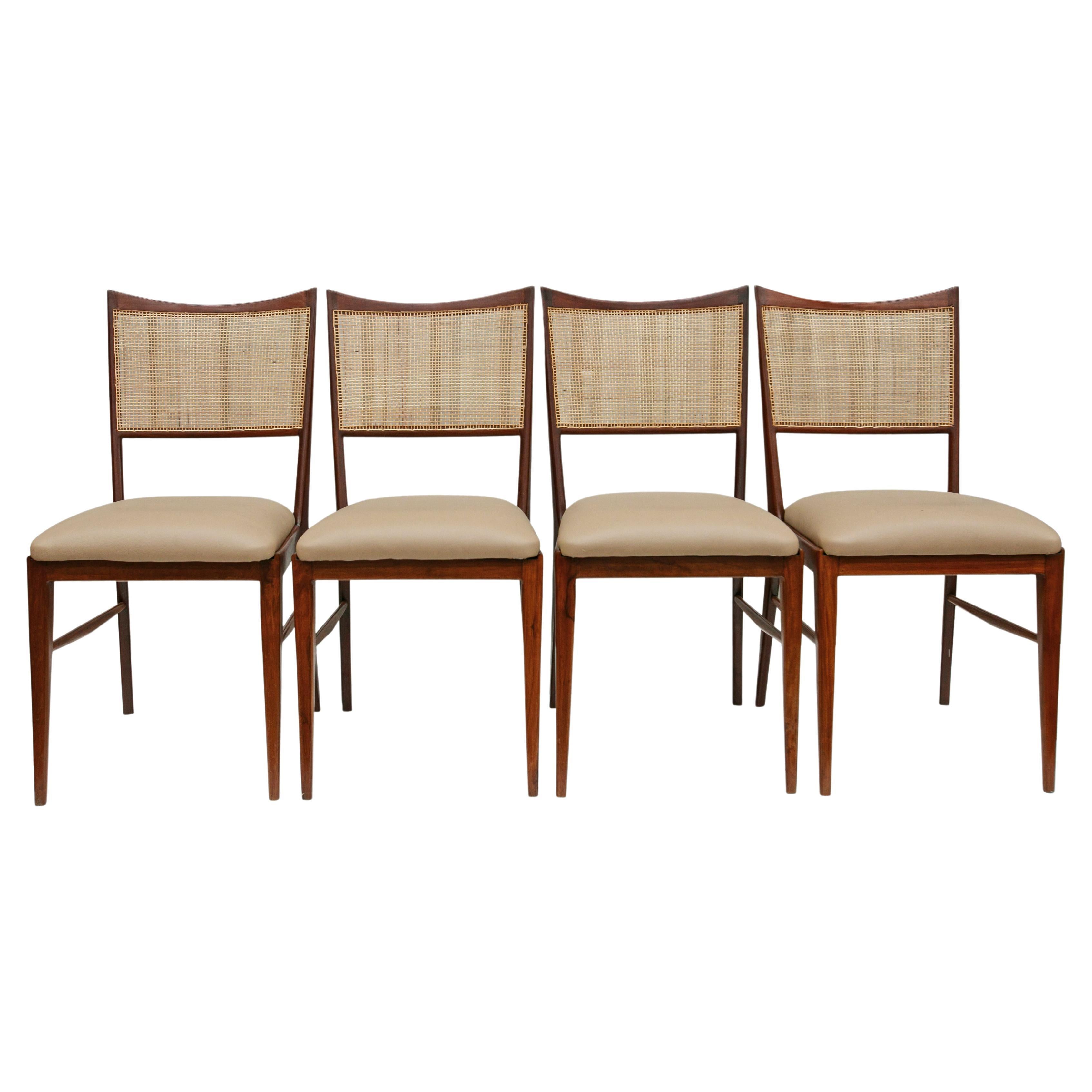 Brazilian Modern Set of Four Chairs in Hardwood & Beige Leather, Unknown, 1960s For Sale