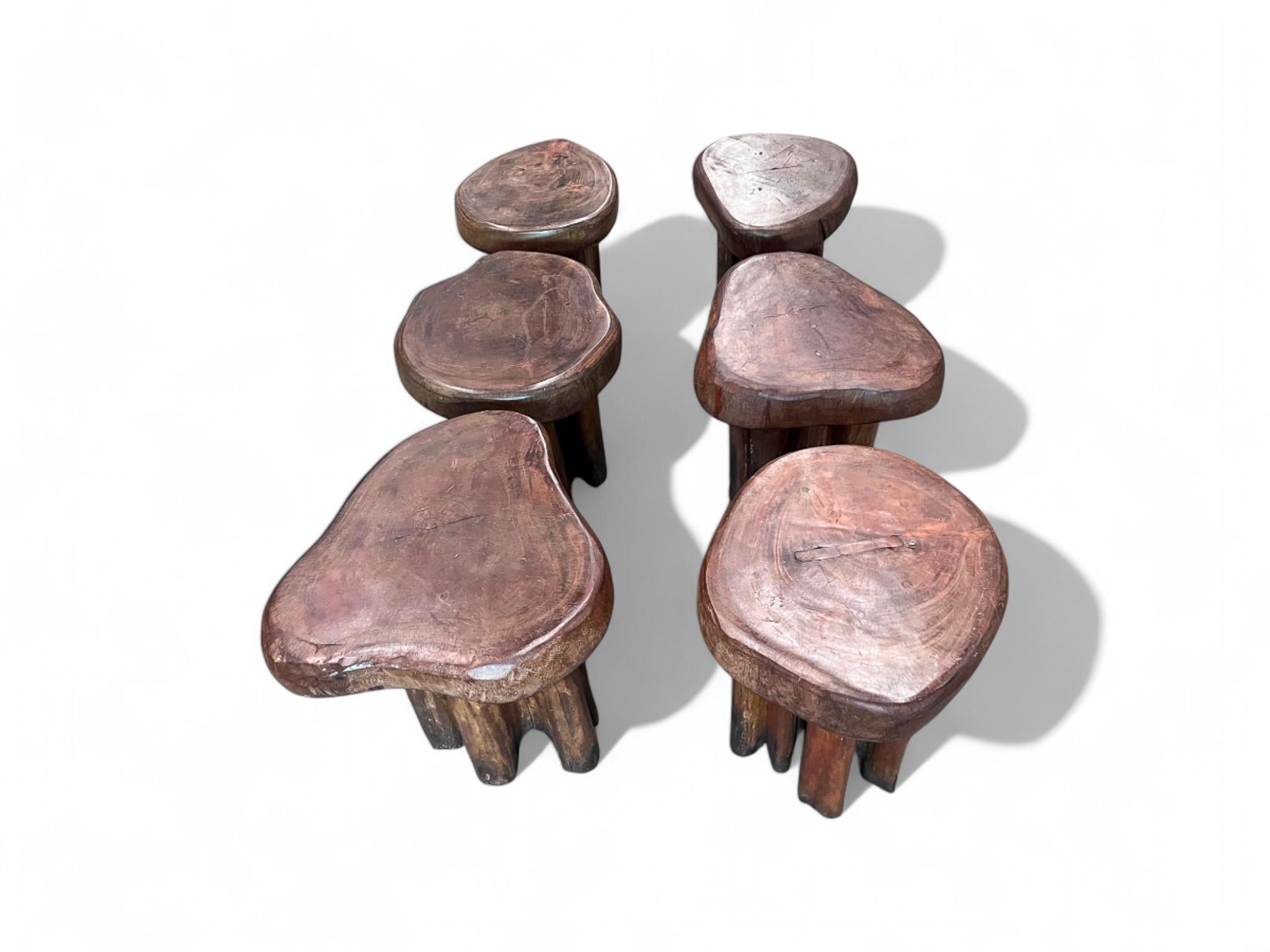 Mid-Century Modern Ensemble moderne brésilien de six tabourets rustiques en bois de Pékin, 1970 en vente