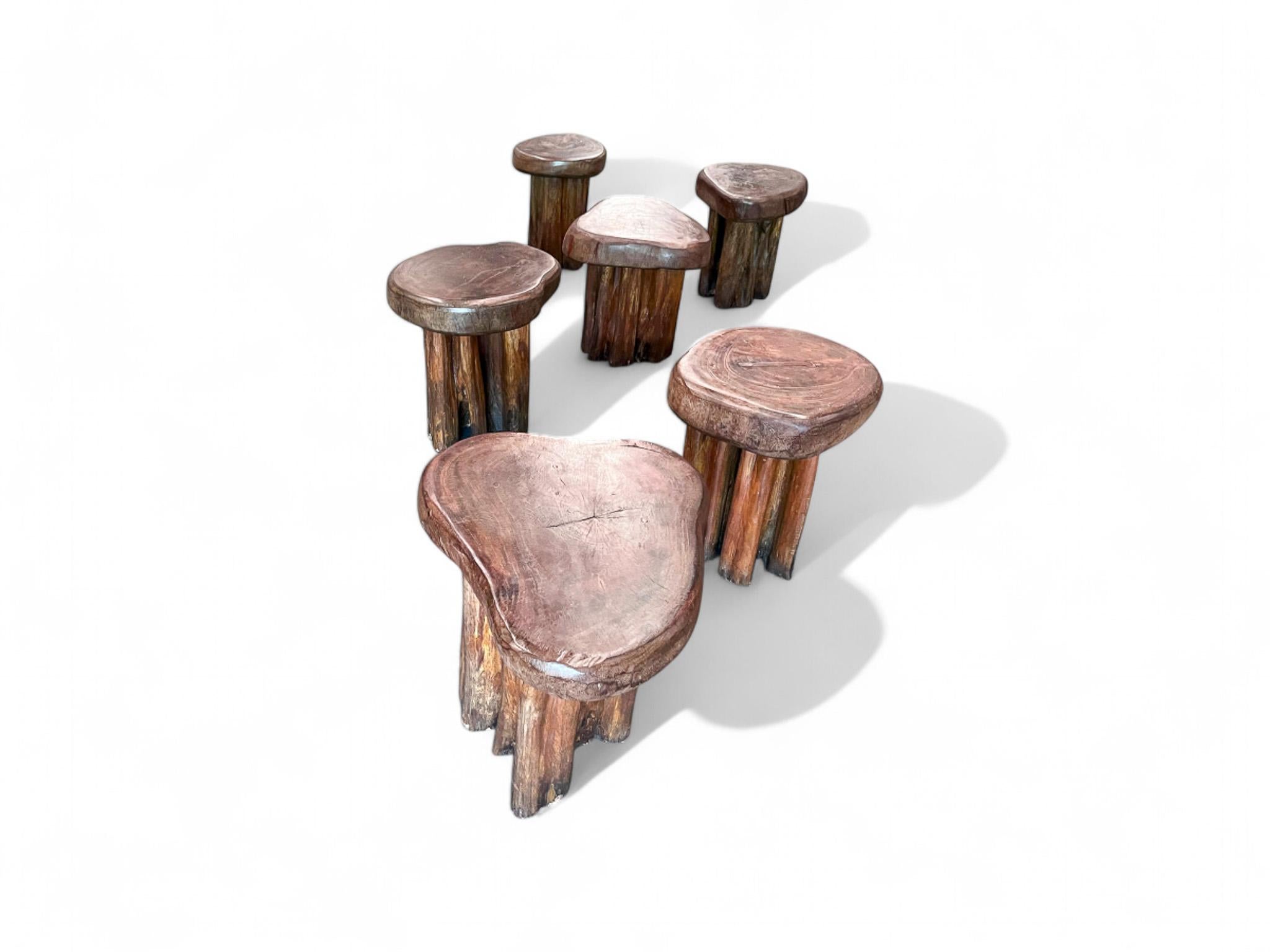 20ième siècle Ensemble moderne brésilien de six tabourets rustiques en bois de Pékin, 1970 en vente