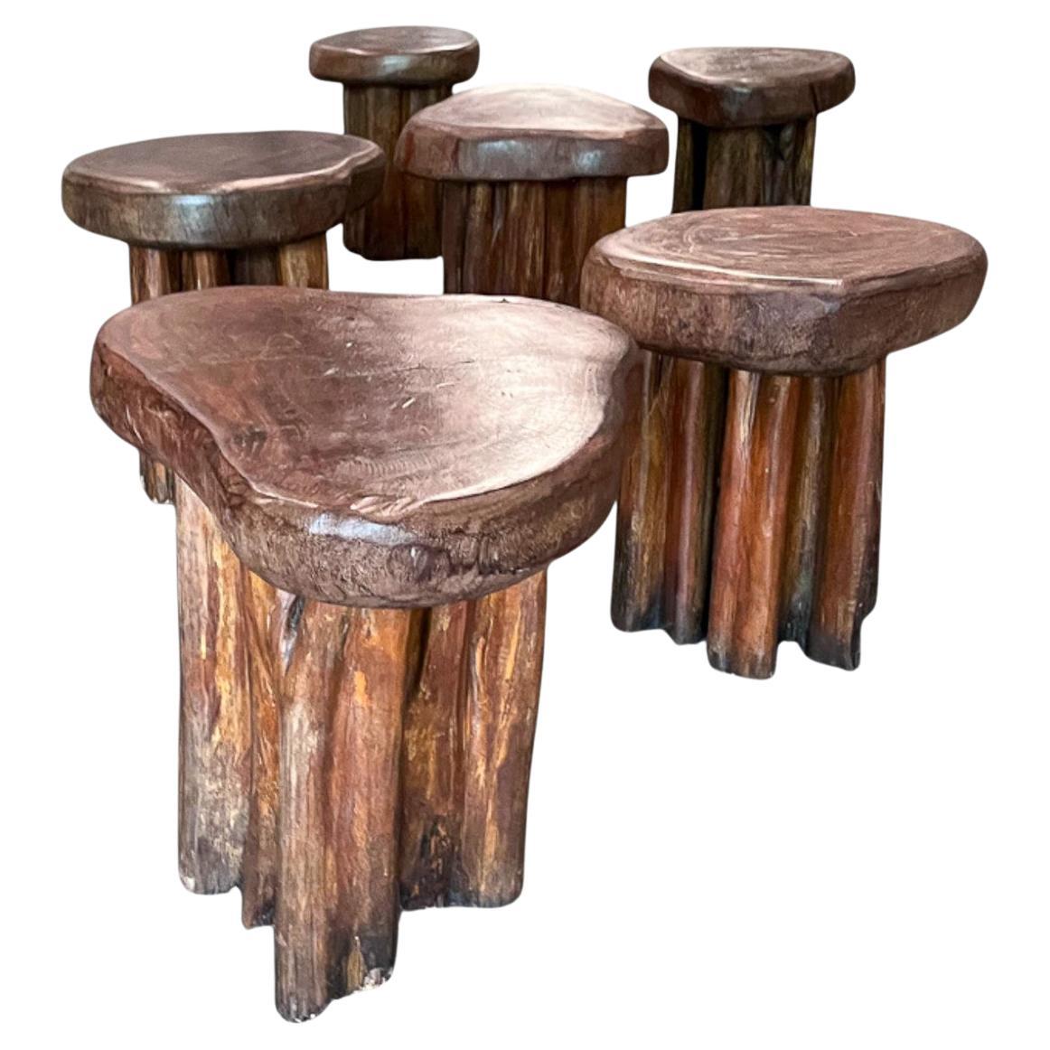 Brasilianisches modernes Set aus sechs rustikalen Hockern aus Pekin-Holz, 1970er Jahre