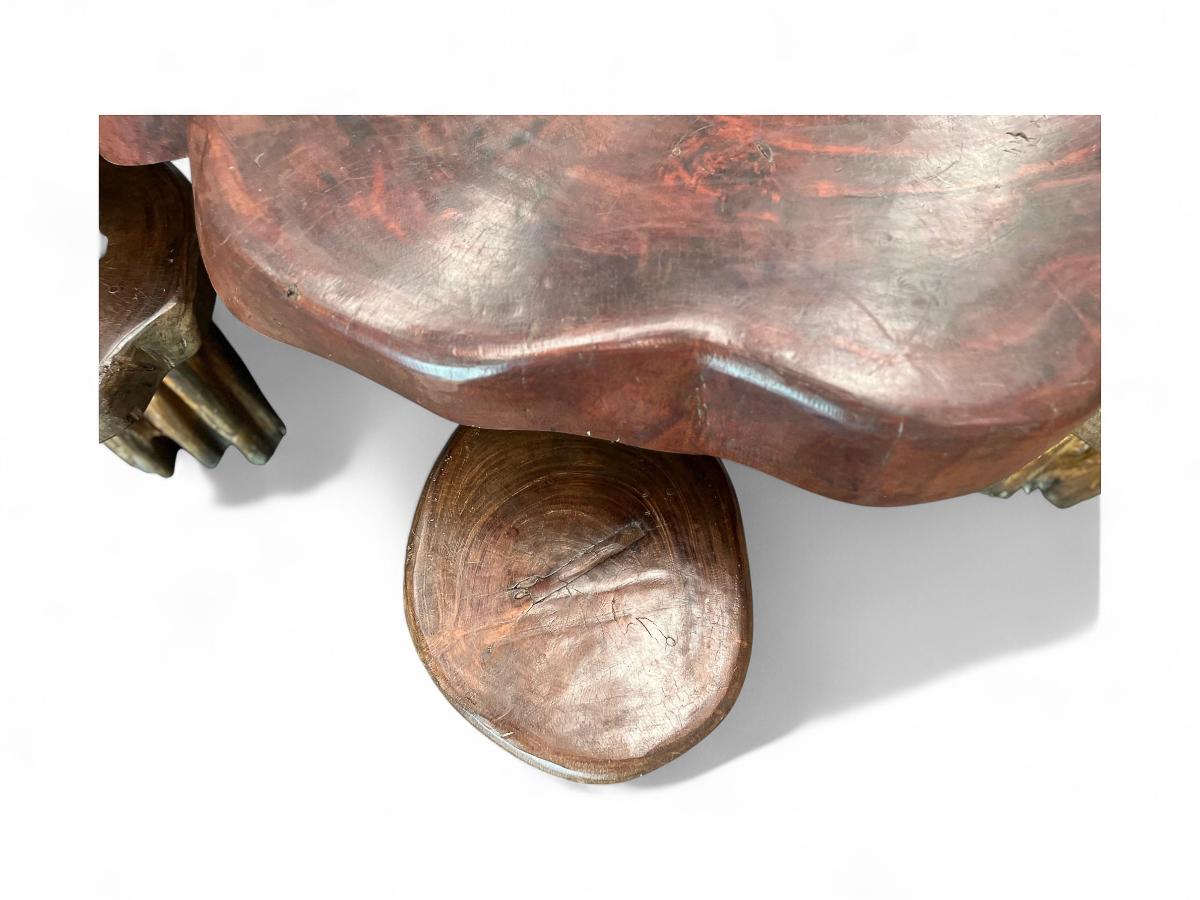 Travail du bois Ensemble de table et six tabourets rustiques brésiliens en bois de Pékin, 1970 en vente