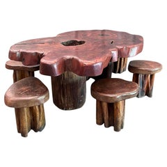 Brazilian Modern Set of Table & Six Rustic Stools in Pekin Wood, 1970s