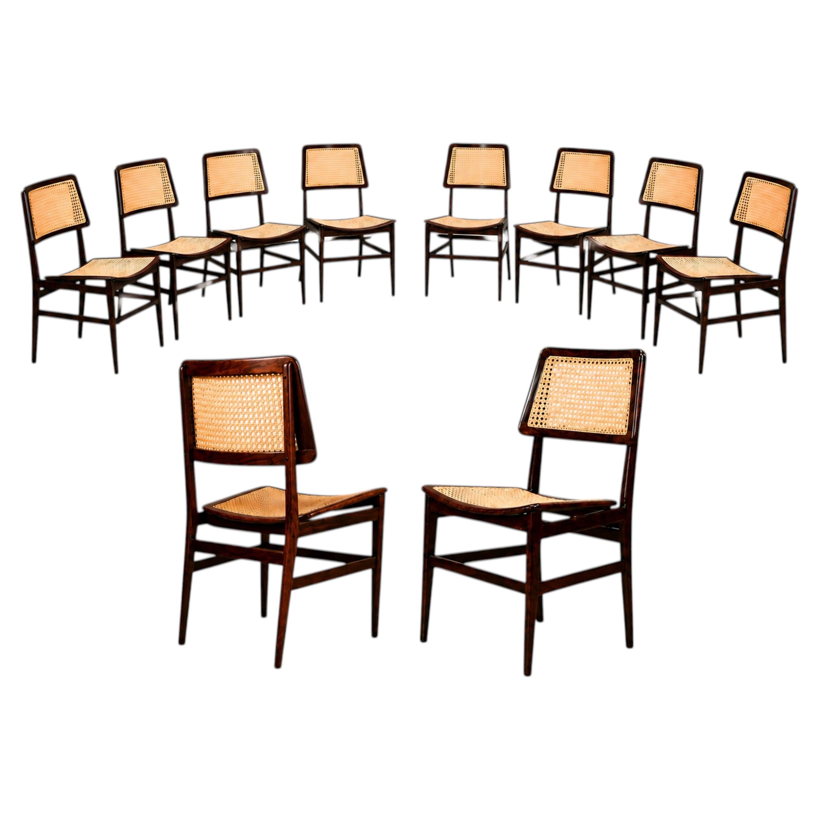 Brazilian Modern Set of Ten Chairs in Rosewood & Cane, Joaquim Tenreiro, 1960s