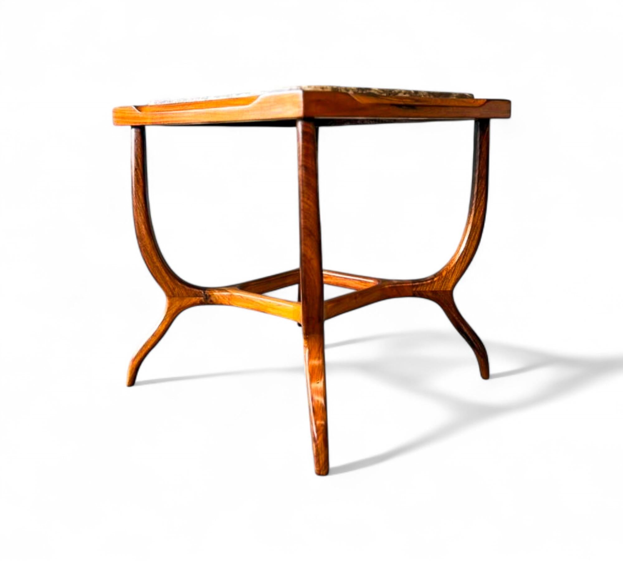 Hand-Carved Brazilian Modern Side Table in Caviuna & Marble, Giuseppe Scapinelli, 1950s For Sale