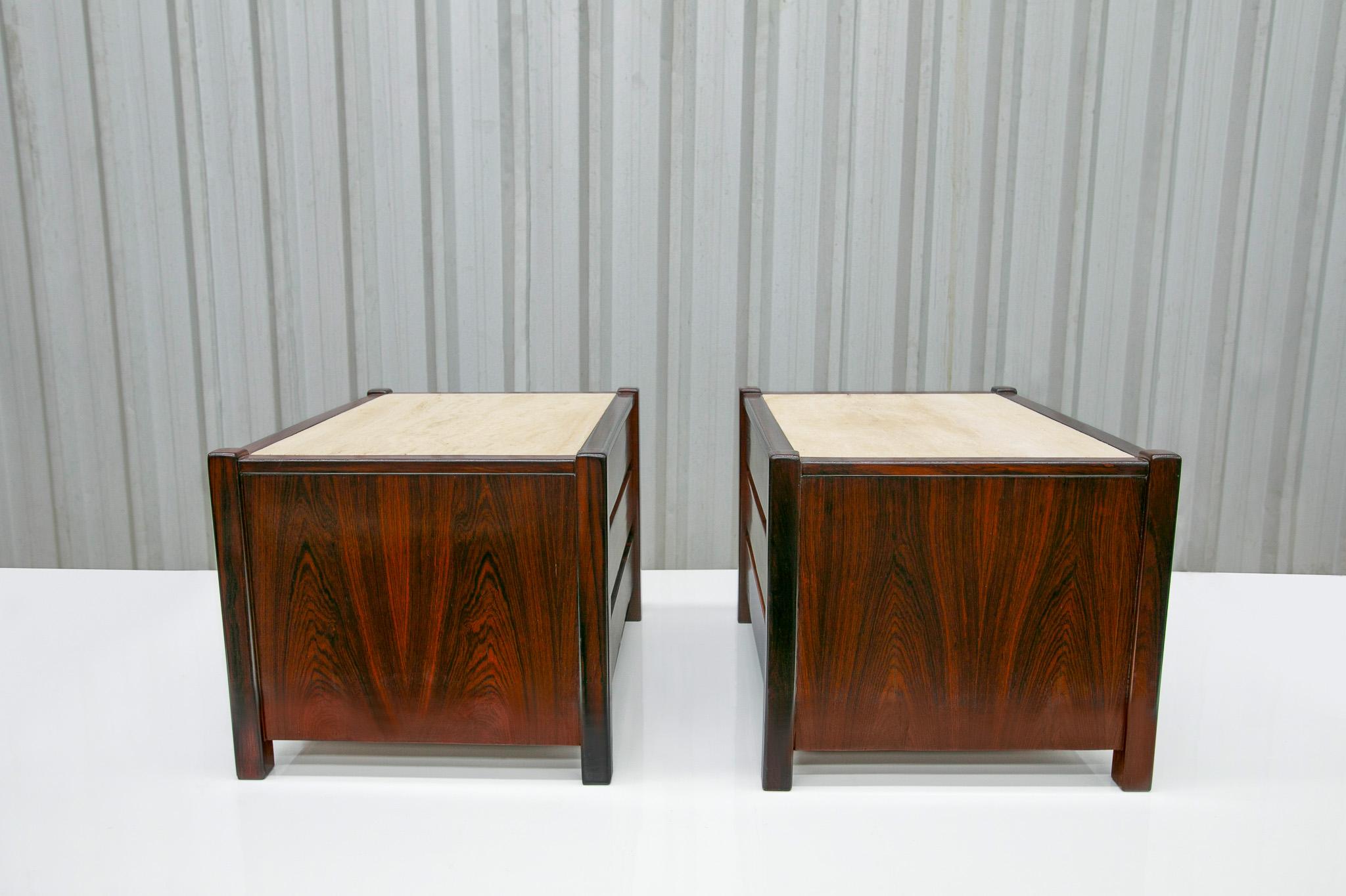 Hand-Carved Brazilian Modern Side Tables Set with Drawers, Travertine & Hardwood by Celina