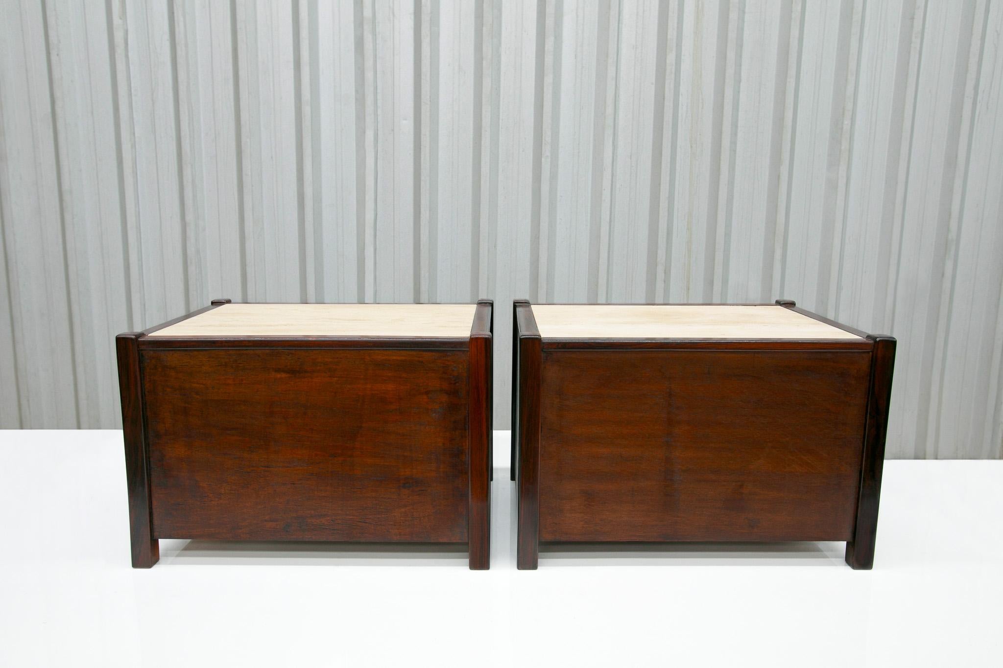 Hand-Carved Brazilian Modern Side Tables Set with Drawers, Travertine & Hardwood by Celina For Sale