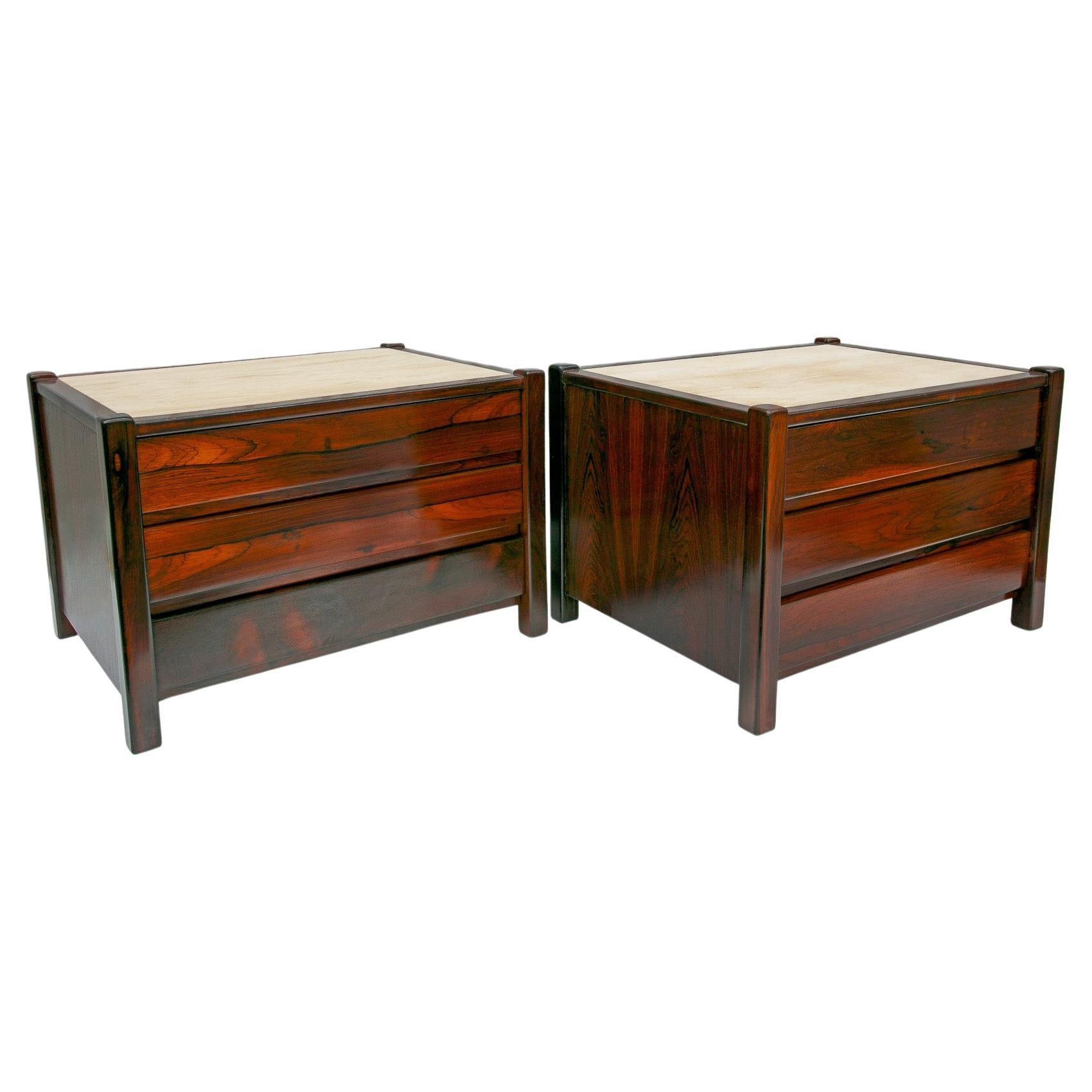 Brazilian Modern Side Tables Set with Drawers, Travertine & Hardwood by Celina For Sale