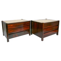 Vintage Brazilian Modern Side Tables Set with Drawers, Travertine & Hardwood by Celina