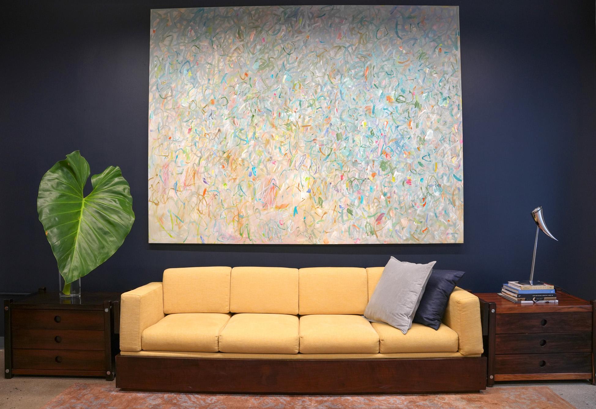 Brazilian Modern Sofa in Hardwood and Yellow Chenille by Celina, Brazil, c. 1960 For Sale 2