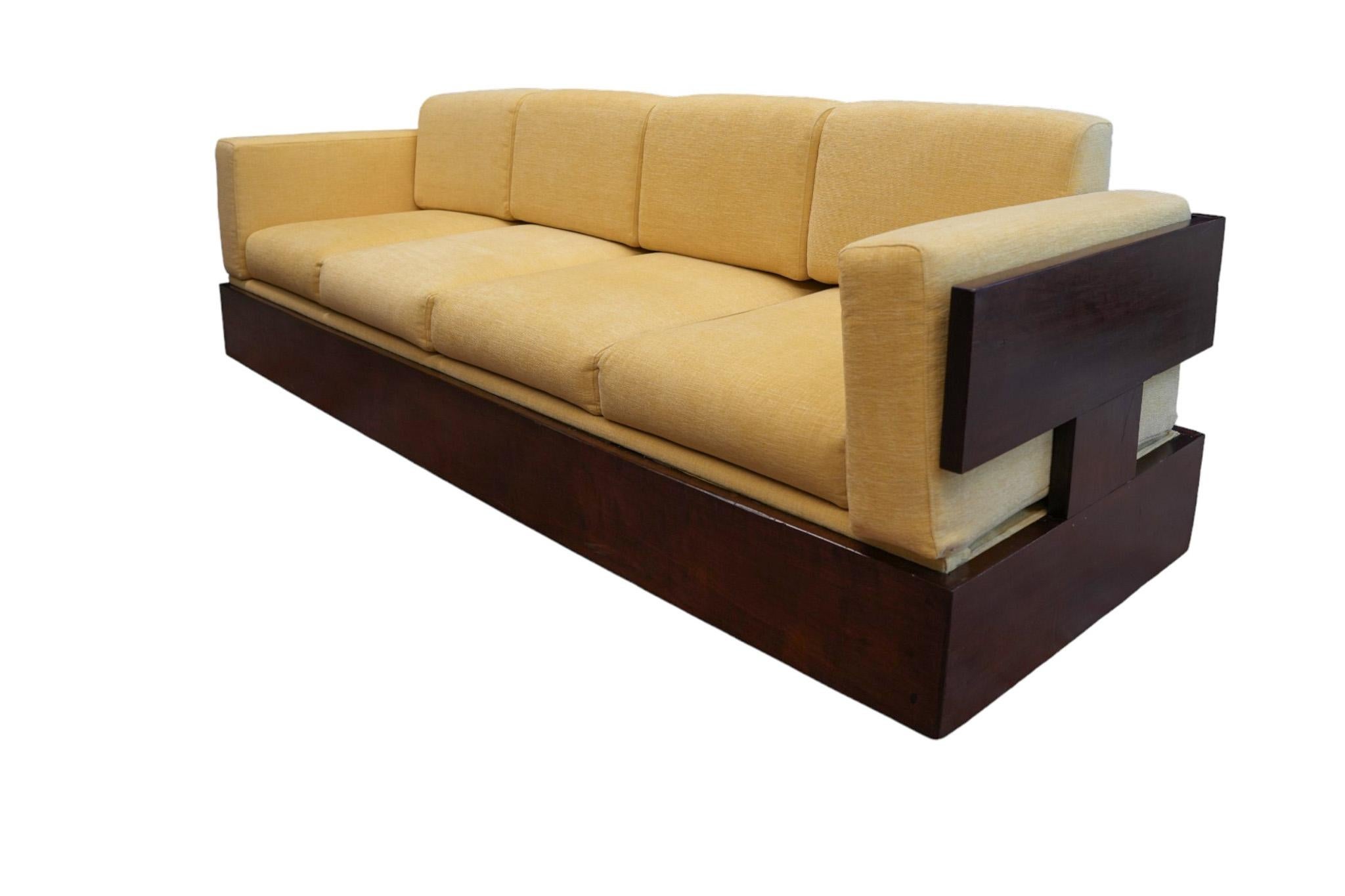 Hand-Carved Brazilian Modern Sofa in Hardwood and Yellow Chenille by Celina, Brazil, c. 1960 For Sale
