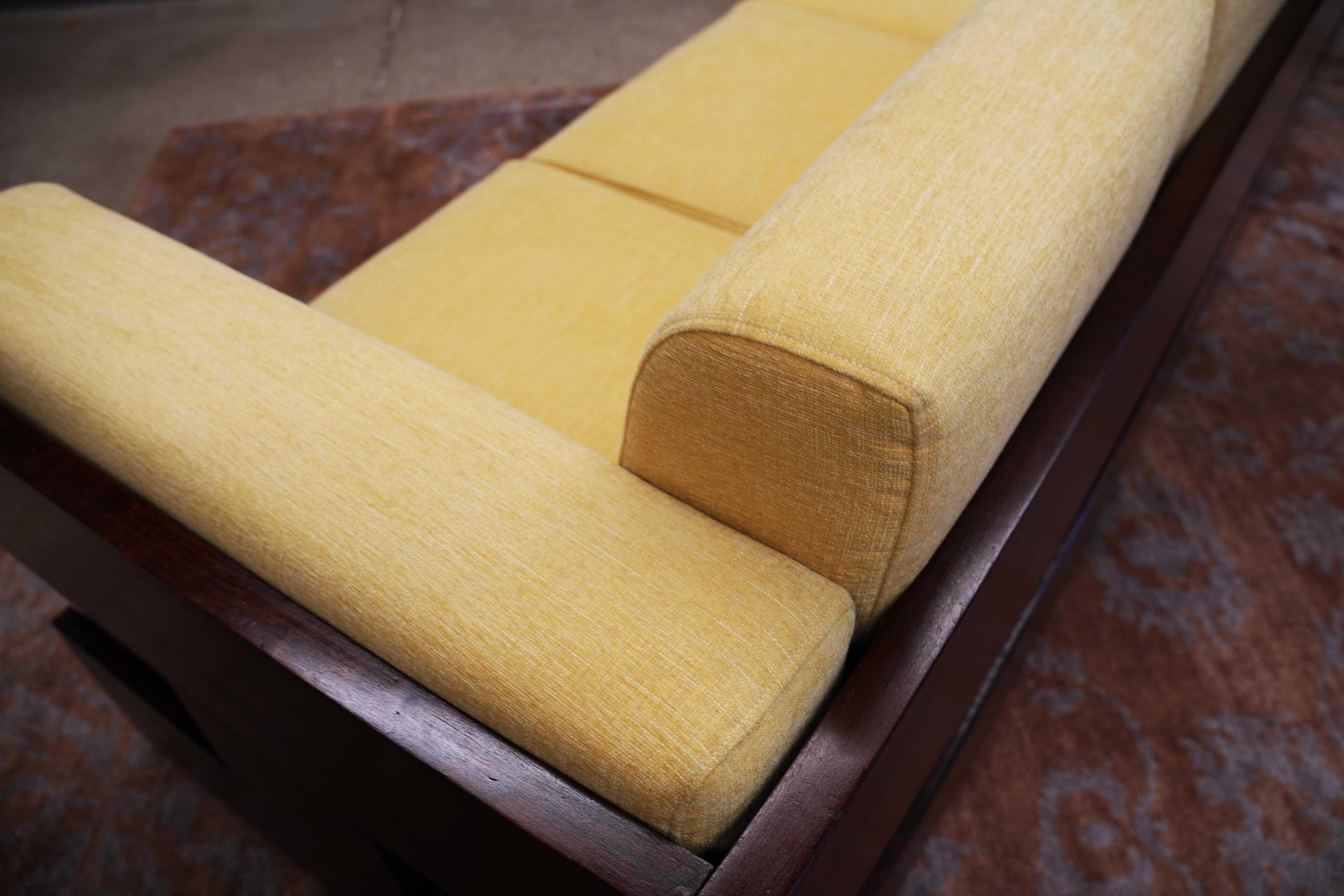 Brazilian Modern Sofa in Hardwood and Yellow Chenille by Celina, Brazil, c. 1960 In Good Condition For Sale In New York, NY