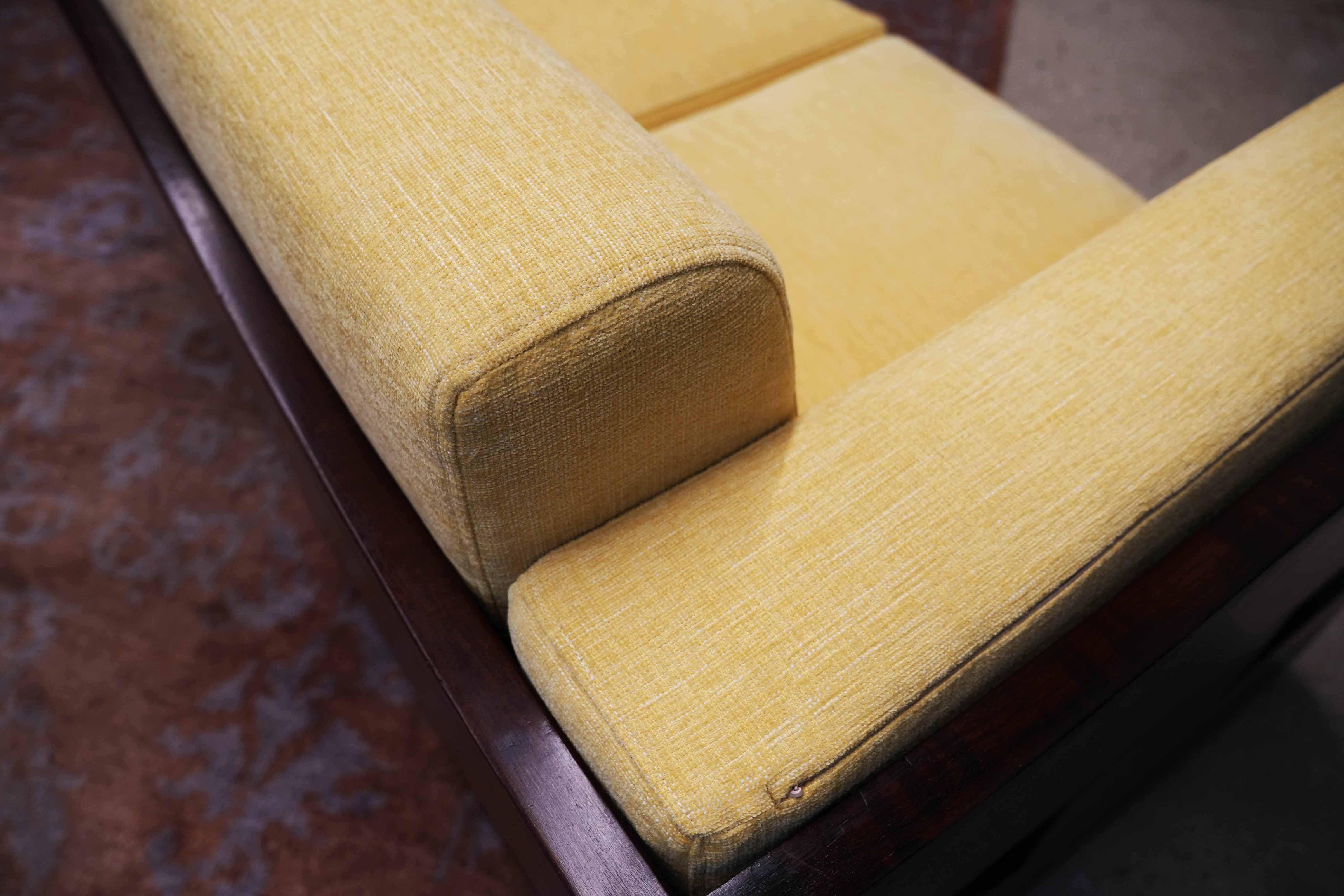20th Century Brazilian Modern Sofa in Hardwood and Yellow Chenille by Celina, Brazil, c. 1960 For Sale