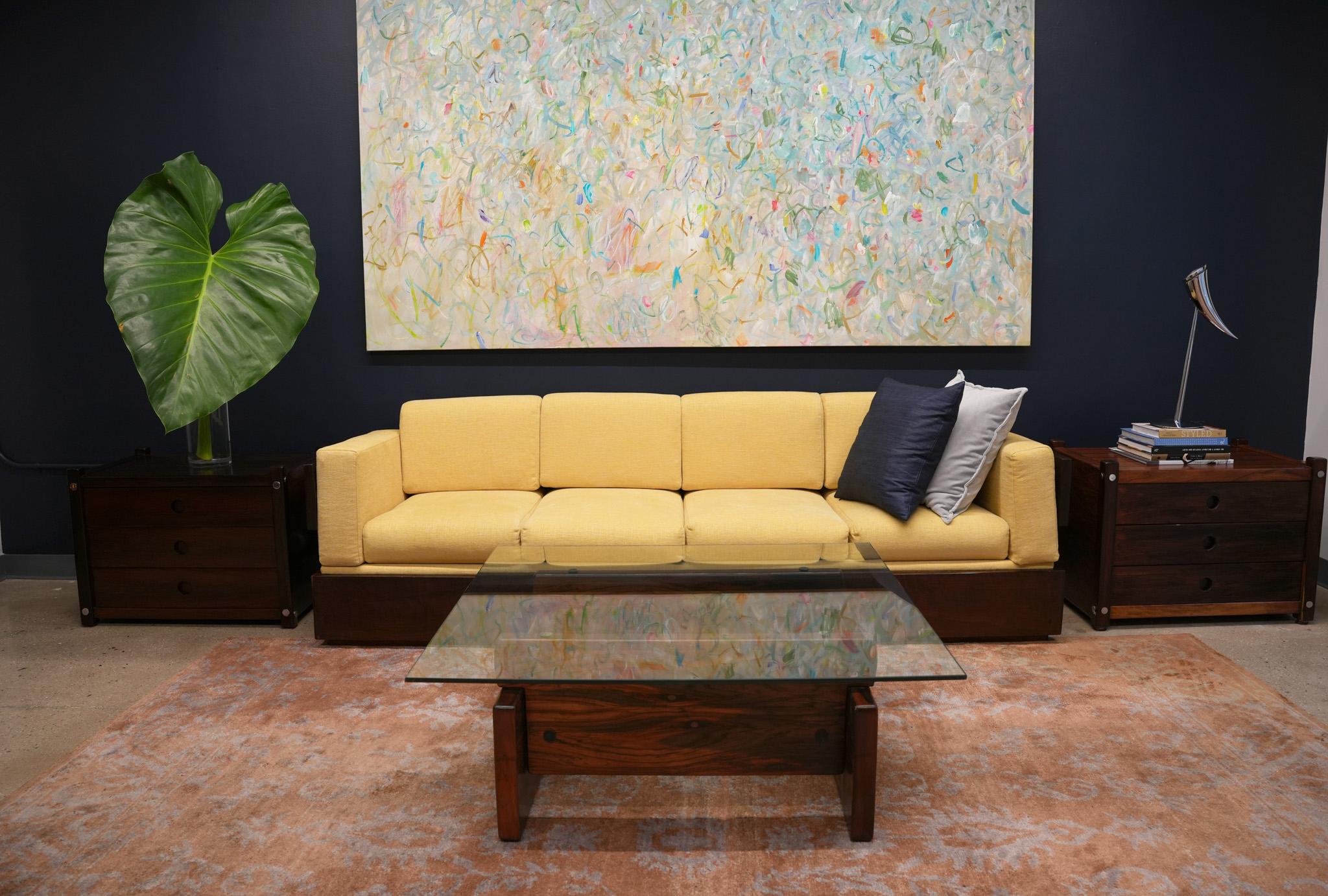 Fabric Brazilian Modern Sofa in Hardwood and Yellow Chenille by Celina, Brazil, c. 1960 For Sale