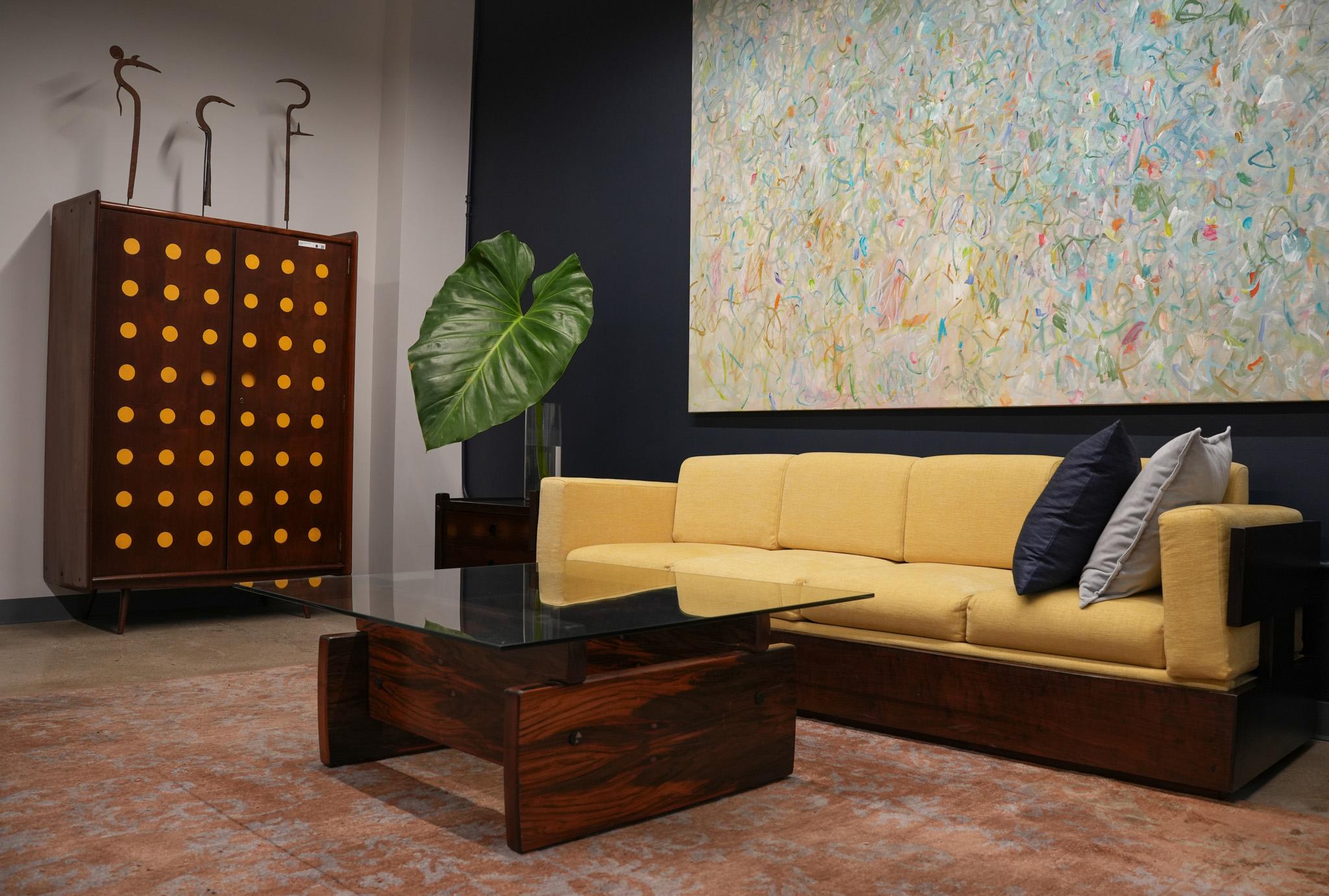 Brazilian Modern Sofa in Hardwood and Yellow Chenille by Celina, Brazil, c. 1960 For Sale 1