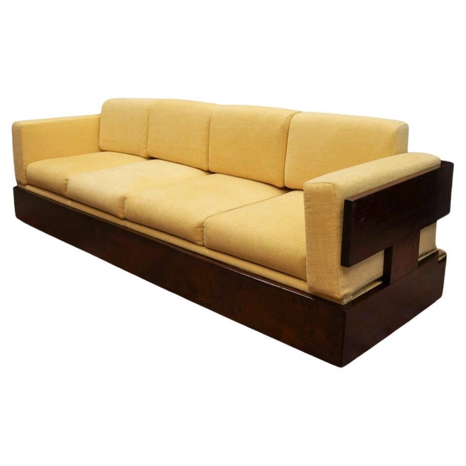 Brazilian Modern Sofa in Hardwood and Yellow Chenille by Celina, Brazil, c. 1960 For Sale