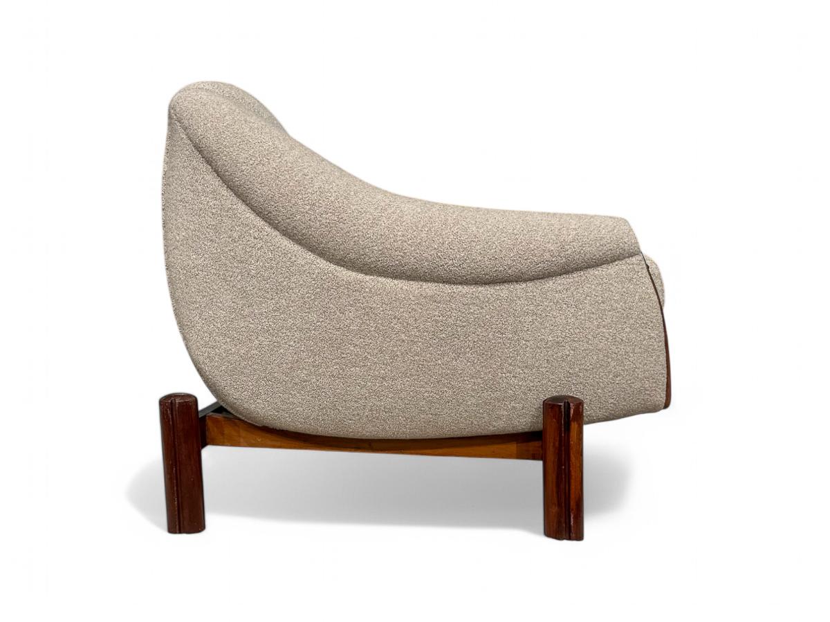 Hand-Carved Brazilian Modern Sofa in Hardwood, Camel Boucle, Cimo, 1960ss