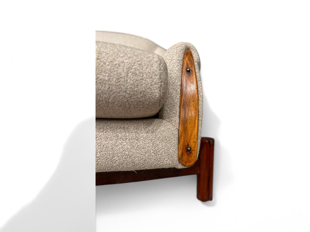 Leather Brazilian Modern Sofa in Hardwood, Camel Boucle, Cimo, 1960ss