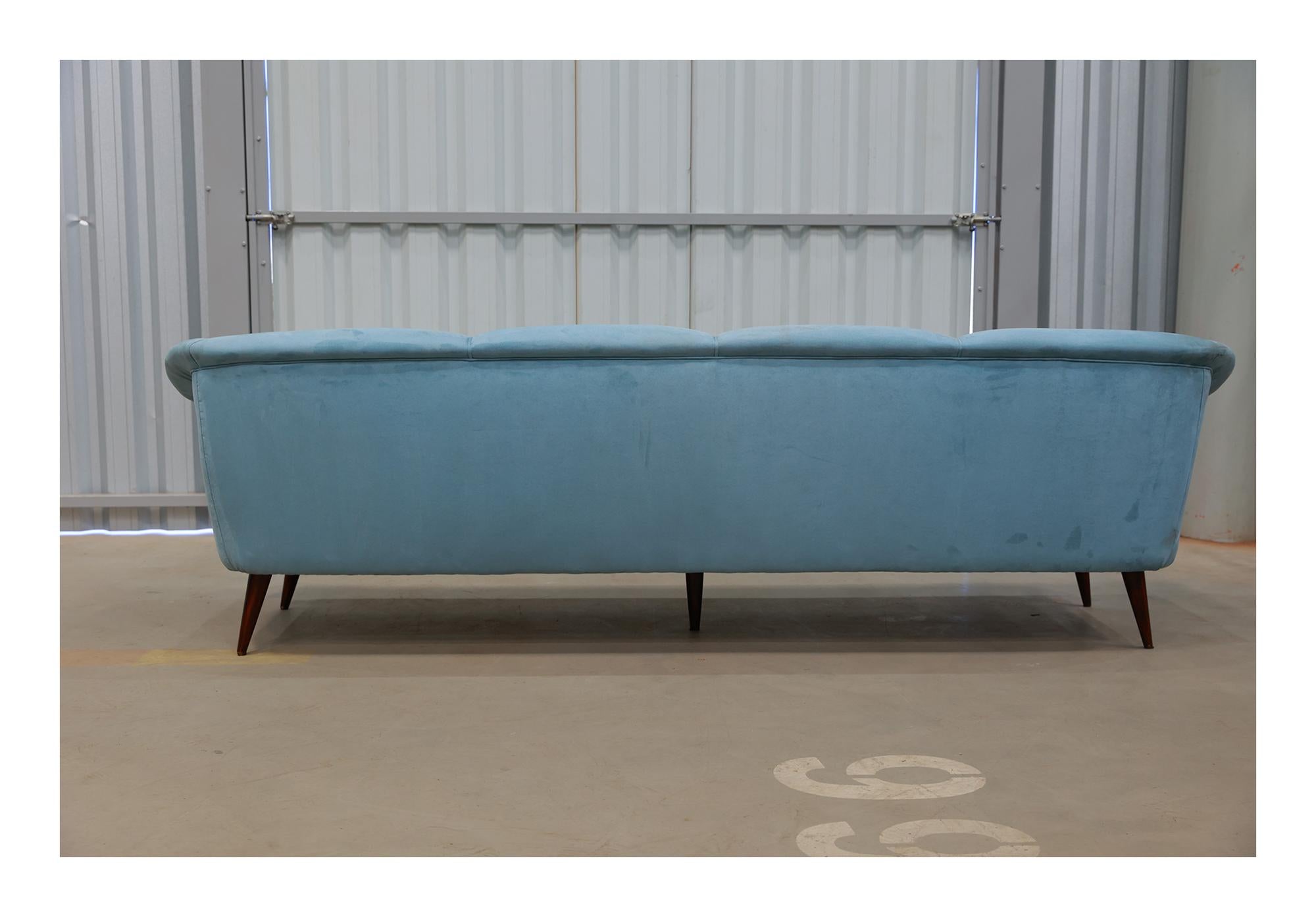 Woodwork Brazilian Modern Sofa in Hardwood & Light Blue Fabric, Joaquim Tenreiro, c. 1960 For Sale
