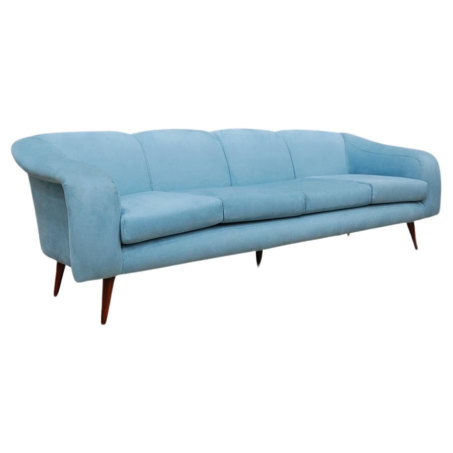 Brazilian Modern Sofa in Hardwood & Light Blue Fabric, Joaquim Tenreiro, c. 1960 For Sale