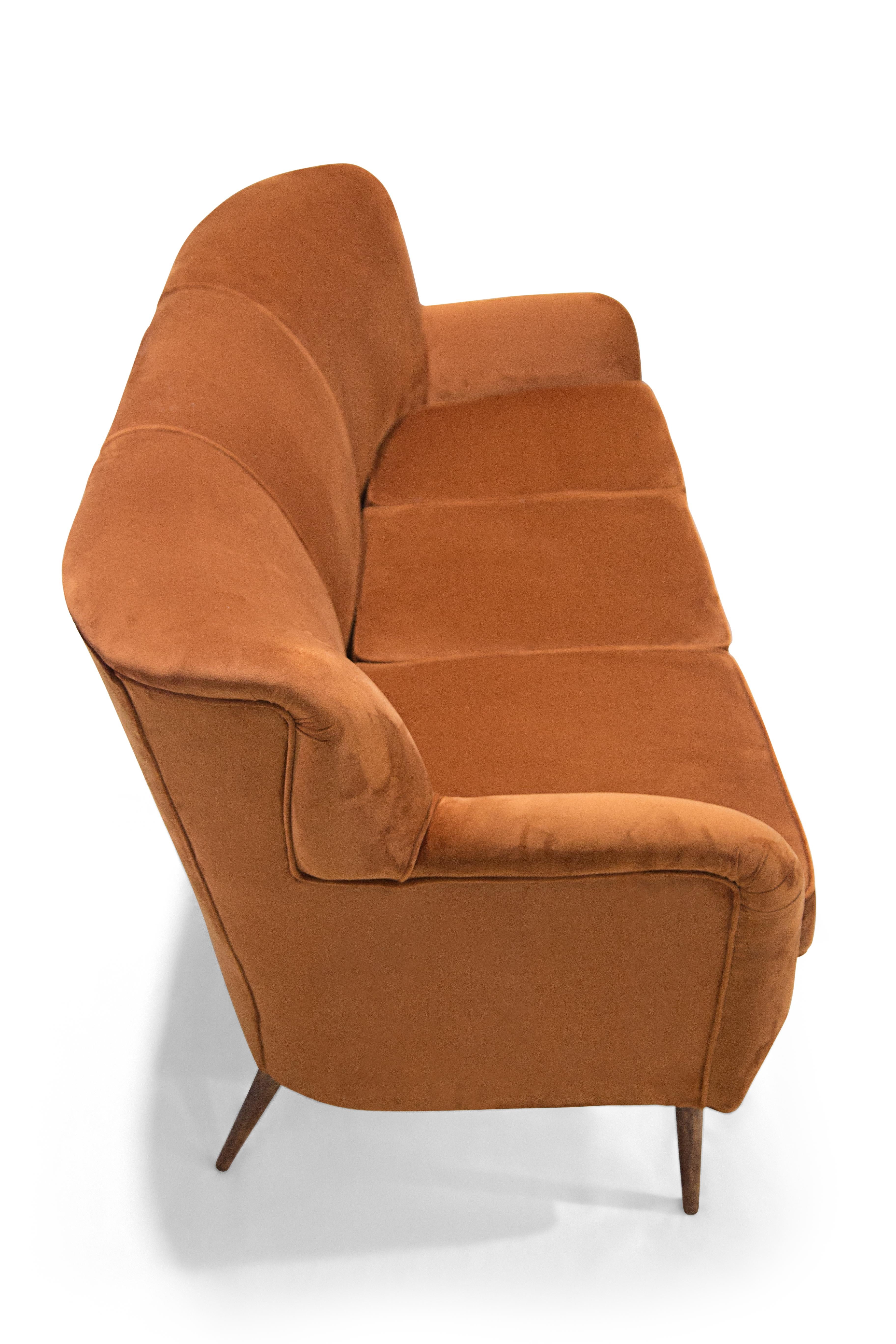 Mid-Century Modern Brazilian Modern Three Seat Sofa in Ochre Velvet & Hardwood by Forma, Brazil For Sale
