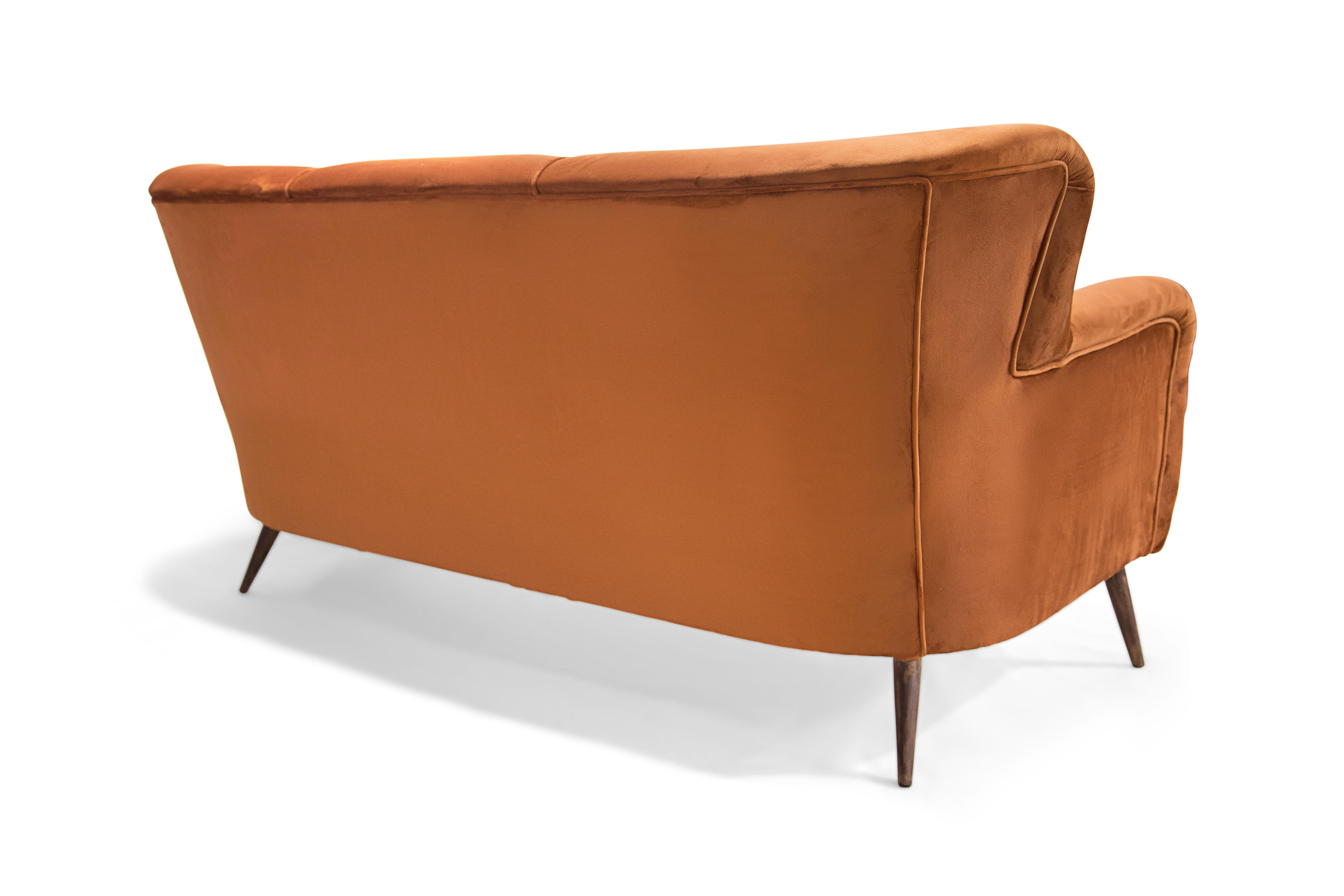 Brazilian Modern Three Seat Sofa in Ochre Velvet & Hardwood by Forma, Brazil For Sale 1