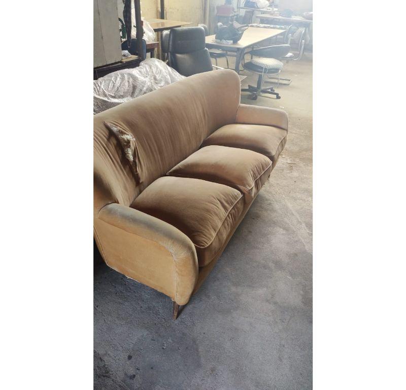 Brazilian Modern Three Seat Sofa in Ochre Velvet & Hardwood by Forma, Brazil For Sale 5