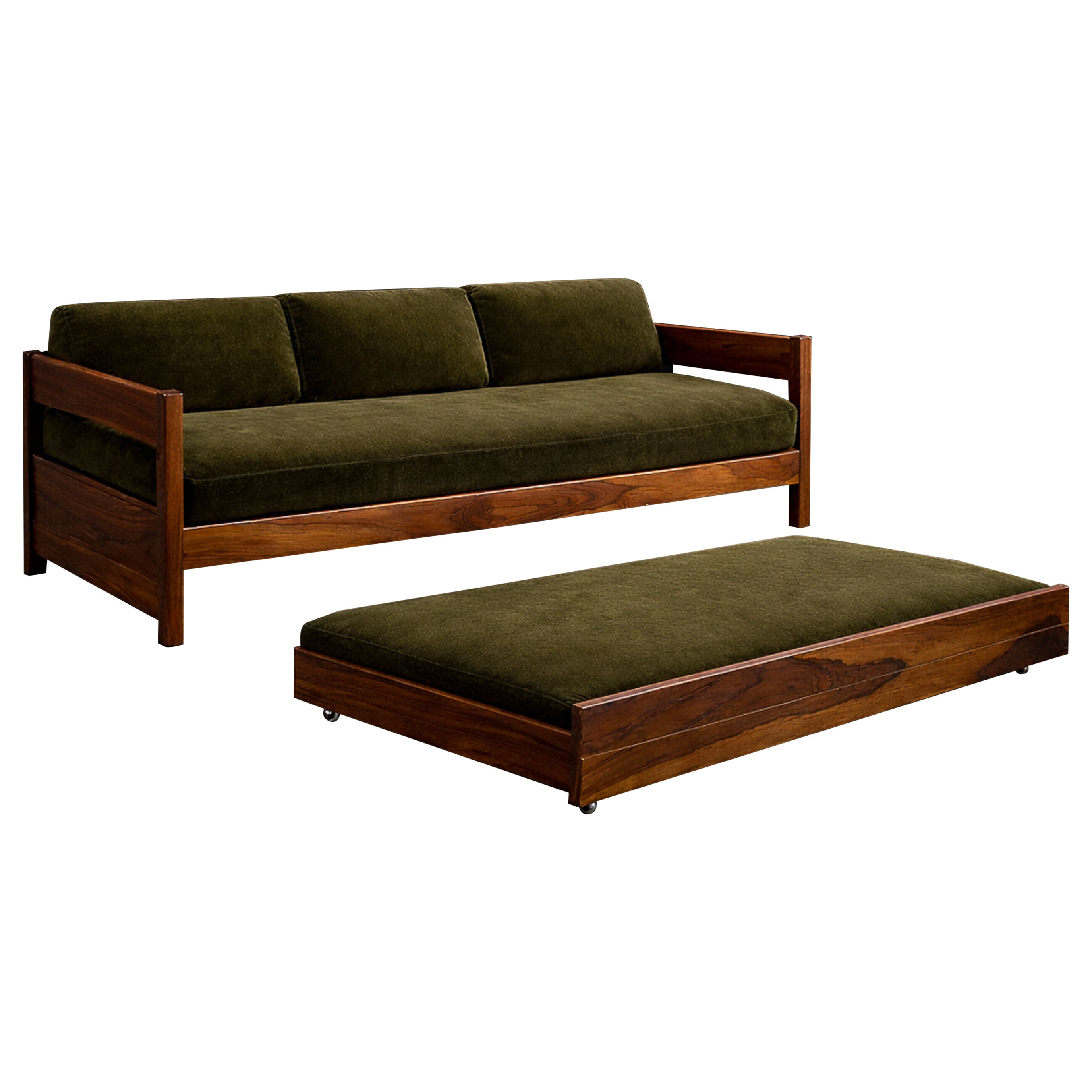 Brazilian Modern Two-in-One Rosewood Sofa & Daybed in Deep Olive Mohair, Celina