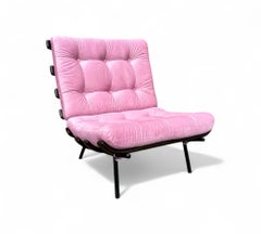 Brazilian Modern Wood Slat & Metal Frame Armchair and Pink Velvet, Pallar, 1950s