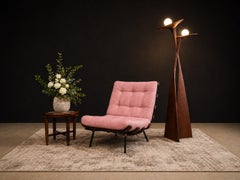 Brazilian Modern Wood Slat & Metal Frame Armchair and Pink Velvet, Pallar, 1950s