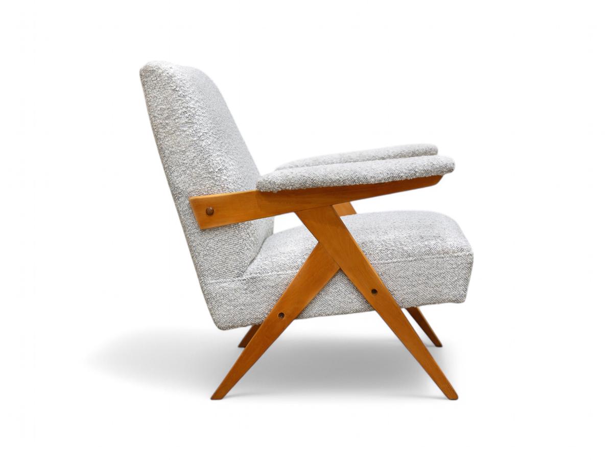 Woodwork Brazilian Modern “Z” Armchair in Hardwood and Boucle, Jose Zanine Caldas, 1950s For Sale