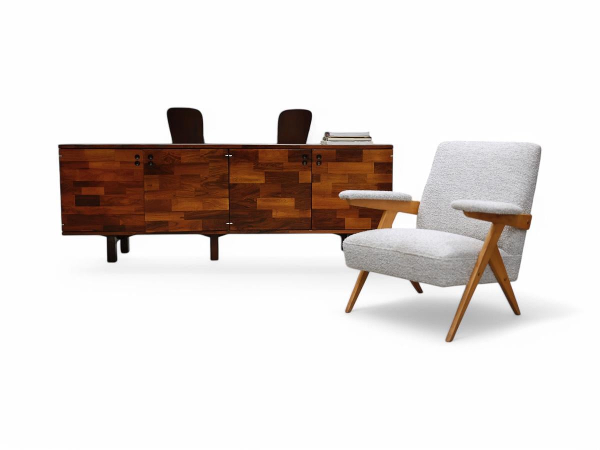 Bouclé Brazilian Modern “Z” Armchair in Hardwood and Boucle, Jose Zanine Caldas, 1950s For Sale